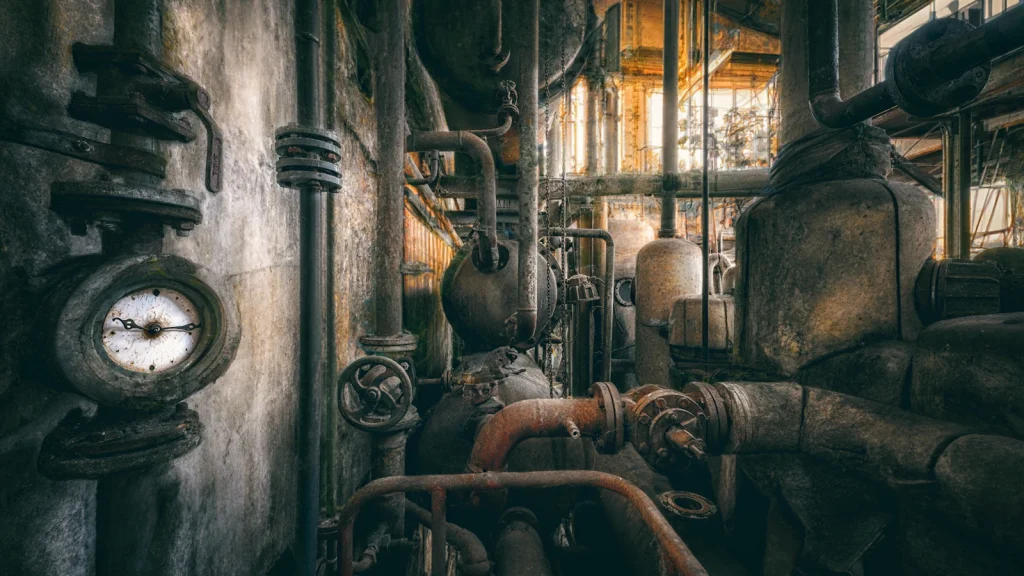 Old basement water pipes and gauges, where a final water meter reading is taken before a Chicago sale