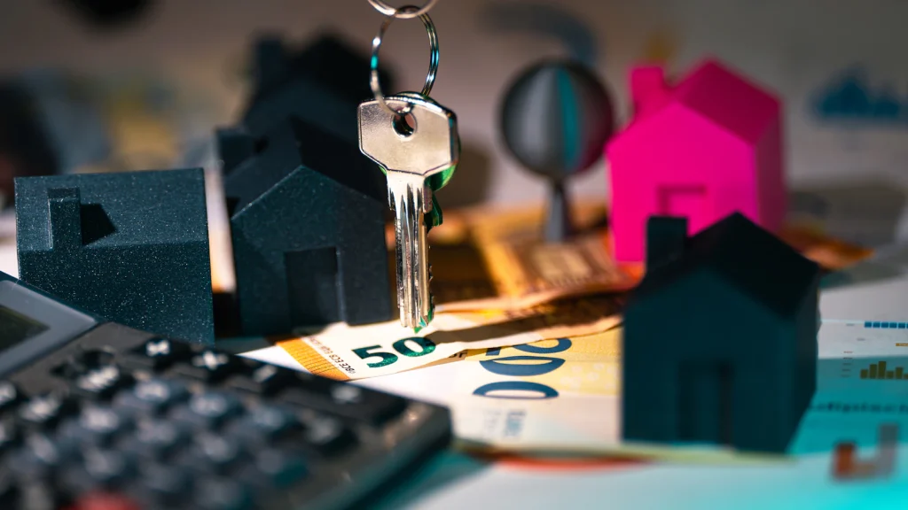House keys, a calculator and small house models on a desk, for figuring transfer taxes on a sale