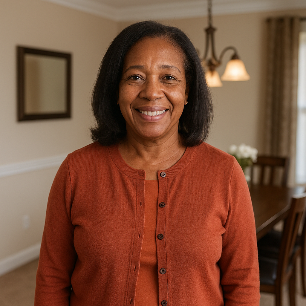 Angela R. – Sold Her Aunt’s Home Before Assisted Living in Skokie Middle-aged Latina woman smiling in a dining room during home sale process