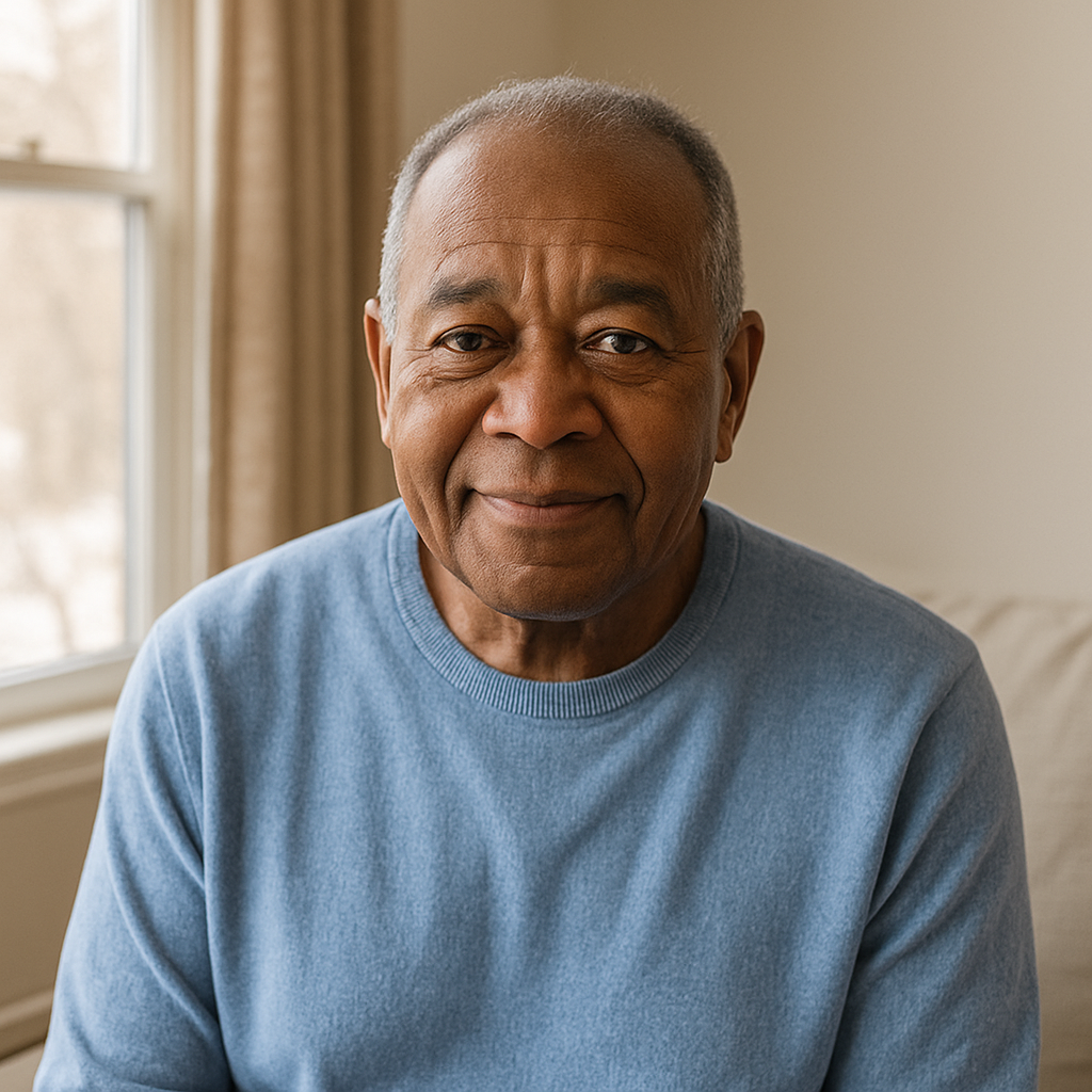 James W. – Sold His Chicago Home After Health Setback Elderly Black man sitting near window with gentle smile